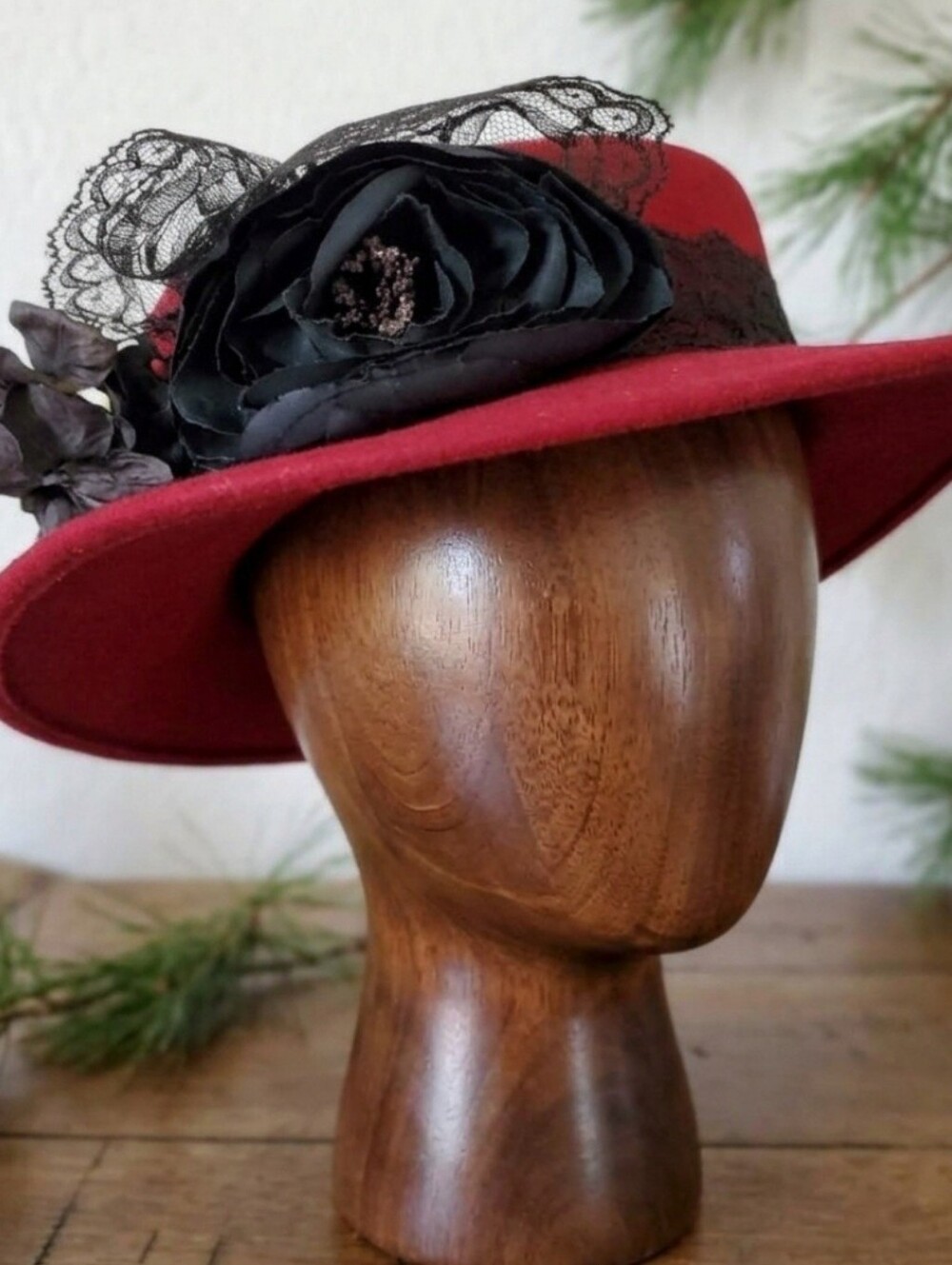 Bollman Red Wool Felt Cloche Hat Black Lace Flower Gothic Vintage